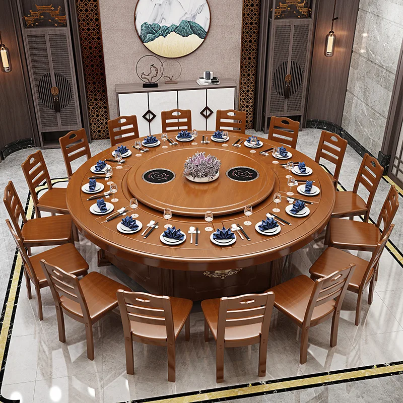 Hotel Electric Dining Table Large round Table 20 People Solid Wood Restaurant Club Hot Pot Table