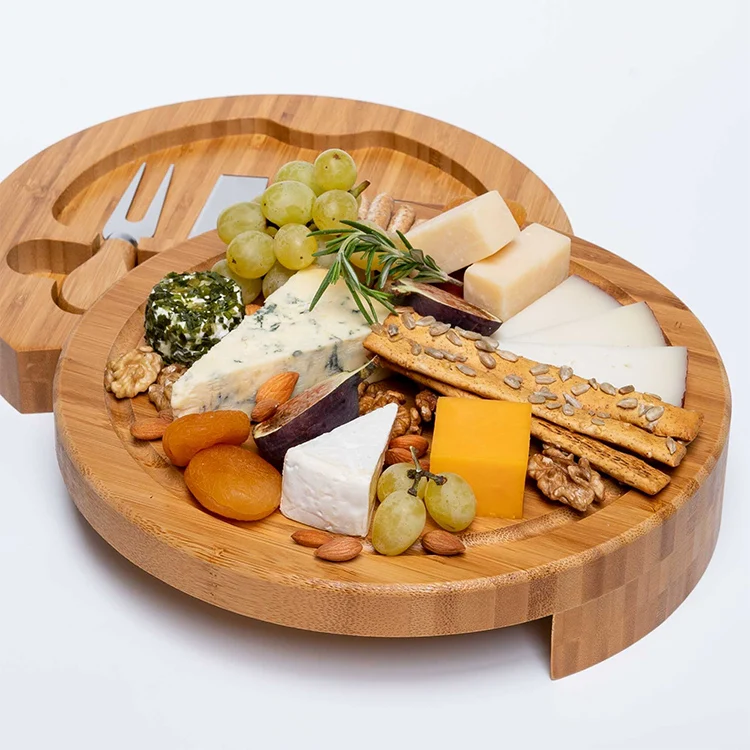 High Quality Round Thickened 9 inches Slide Out Drawer Personalized Small Cheese Board with 4 Knives Included