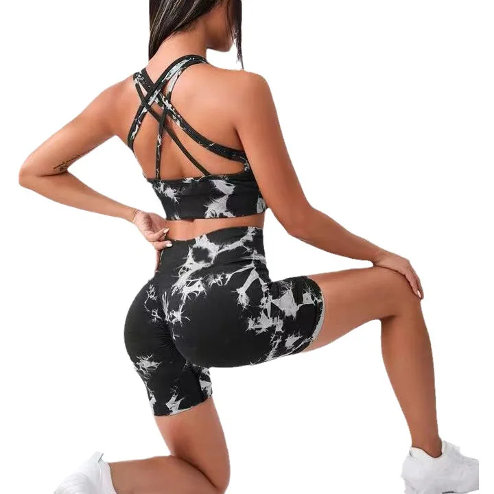 New Arrival Women Workout Tie Dye Sexy Back Bra Crossover High Waist Tummy Control Shorts Gym Sports Athletic Yoga Set