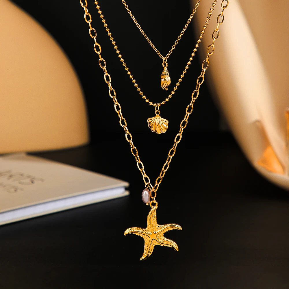 Summer Fashion Three-Layer Pearl Starfish Pendant Necklace Stainless Steel Shell Conch Necklace for Women