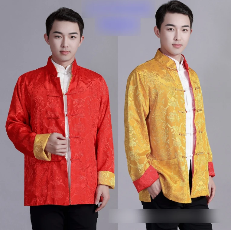 Long Sleeve Reversible Traditional Chinese Clothing Kung Fu Frog-Button Shirts for Men Mandarin Collar Tang Suit