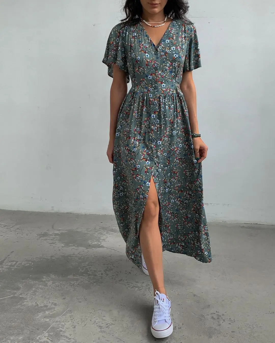 Flared Sleeve Vintage Style Floral Print Slit Women Dress Casual Design Women V Neck Dress