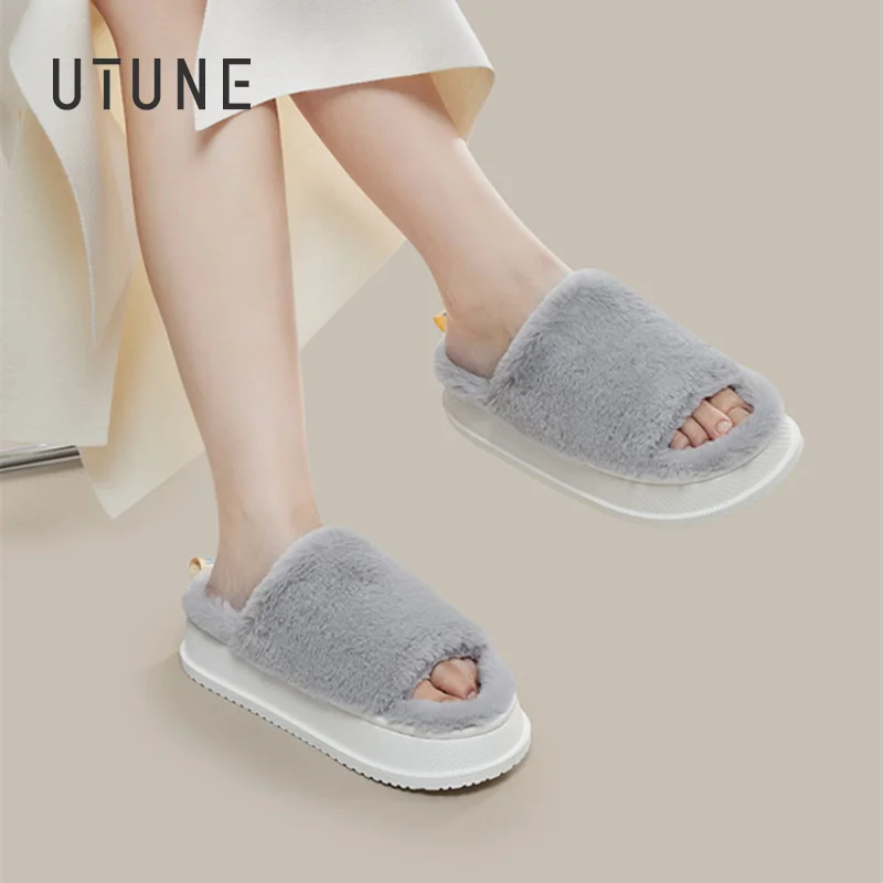 UTUNE Plush Women Soft Slippers Winter Thick Soled Breathable Home Garden Wholesales Design Sandals Men