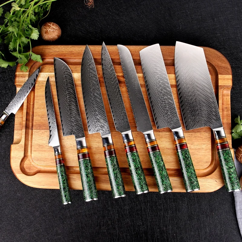 Green Resin Handle Damascus Steel Chef Knife Set De Cuchillos Damascus Kitchen Knife Sets knifes chef