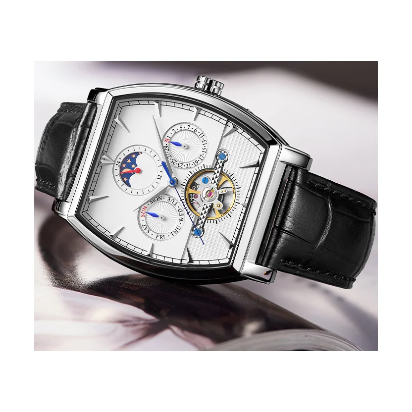 Brown cow leather strap complete calendar barrel shape men mechanical automatic watch