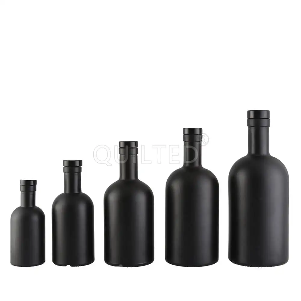 Matte Black 200ml 375ml 500ml 750ml Round Flint Glass Liquor Wine Bottle Gin Whisky Vodka Tequila Glass Bottle With Cork Lid