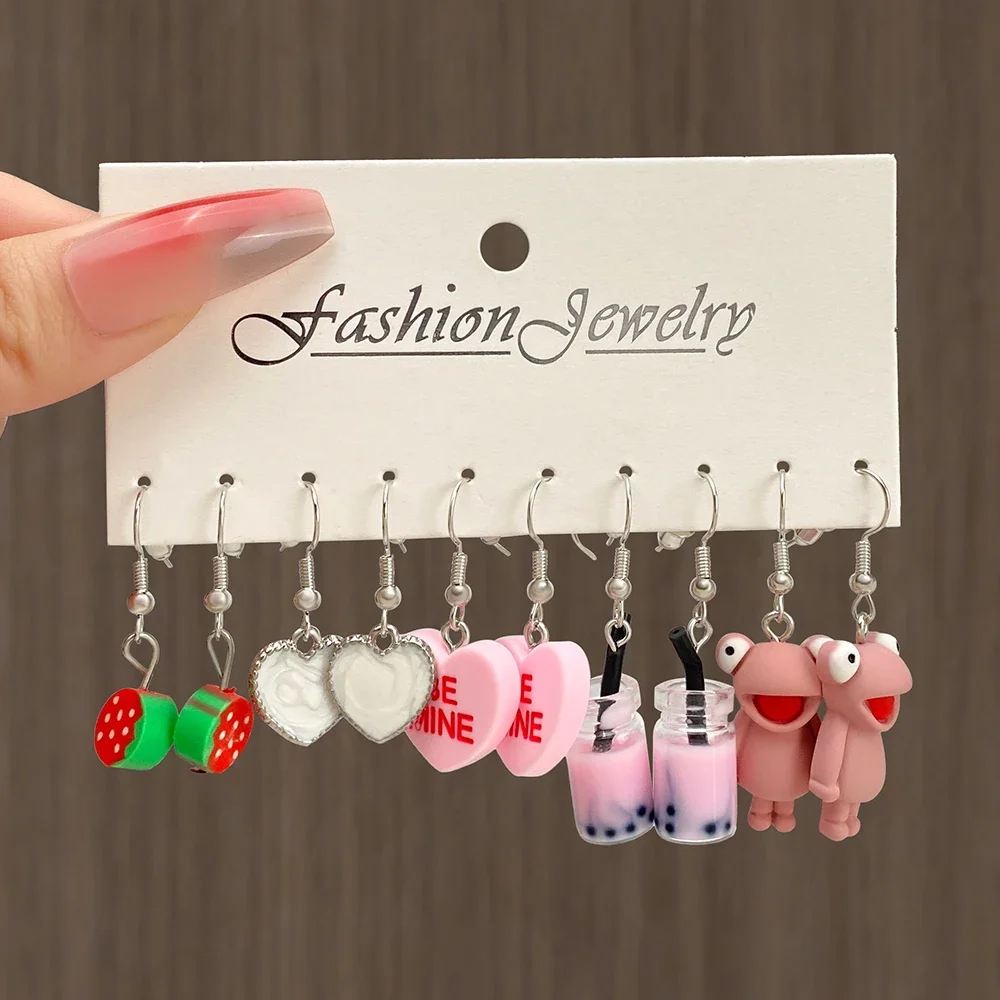 Cute Colorful  Animal Acrylic hoop Earrings Set For Women Jewelry Cartoon Geometric Butterfly Bear Love Drop Earring Set