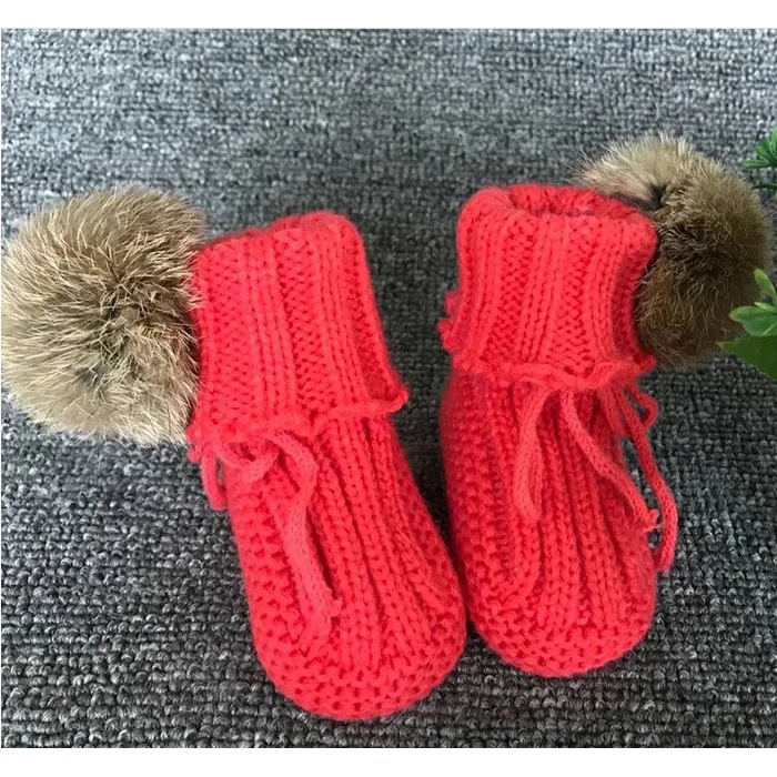 CX-SHOES-09 Soft and Warm Shoes Knitted Indoor Baby Boots for Winter with Rabbit Fur Pom