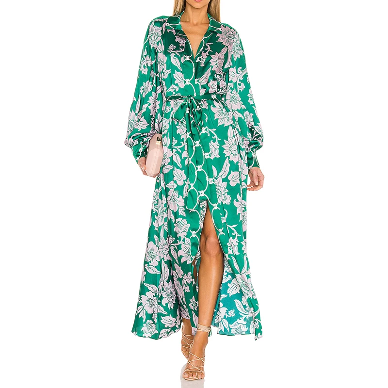fashion Lady over sized Lady floral print satin poly Unlined v-neck maxi dress Open front with wrap tie closure Side seam pocket