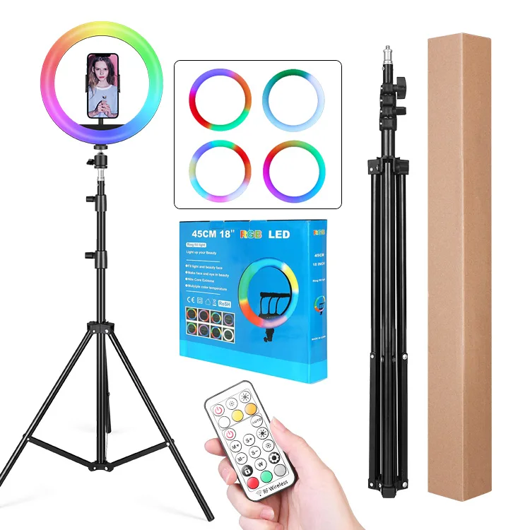 18 inch EU/US/UK Plug Colorful Beauty Video Studio Photo Circle Lamp Dimmable Selfie Led rgb Ring Light with Stand