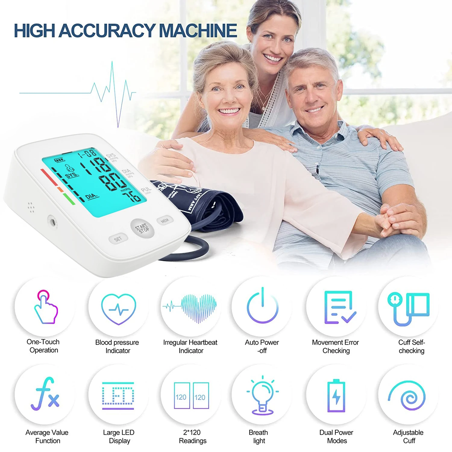 High Capacity Lithium Battery Medical Upper Arm  Blood Pressure Monitor for  Family Use