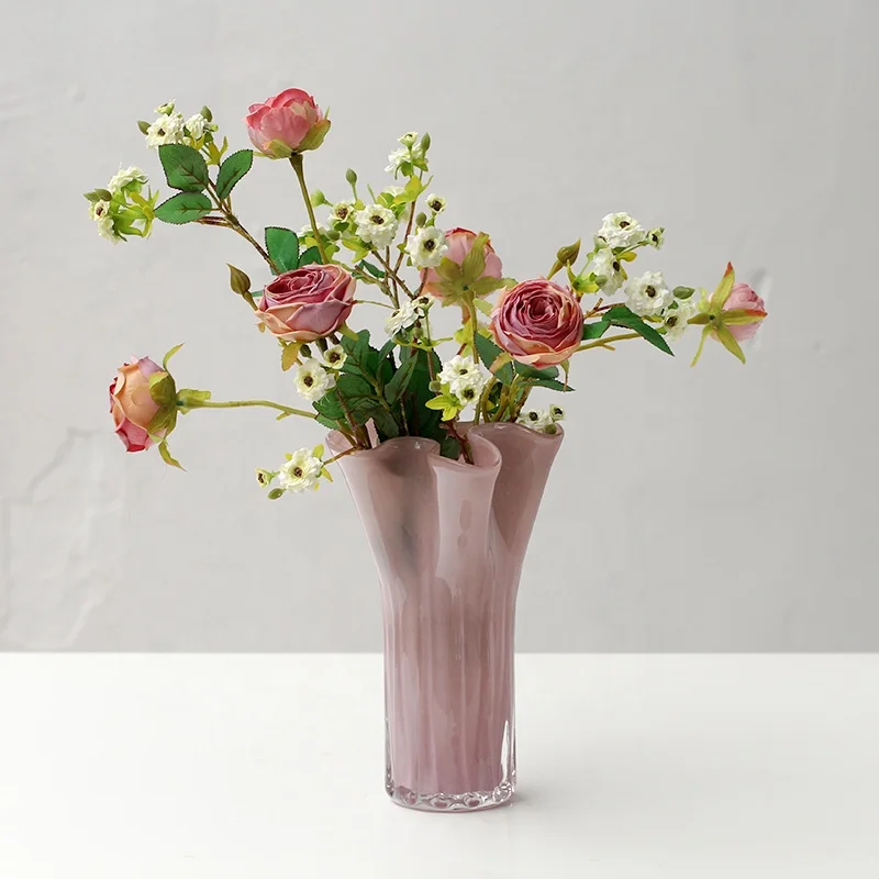 Bixuan Translucent Ice Cream Color Handblown Glass Vase Porcelain Powder Petal Shape Flared Mouth Flower Arrangement Glass Vases