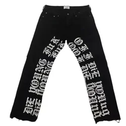 Custom Street Hip Hop full length Washed Waxed puff print stacked mens ripped denim jeans