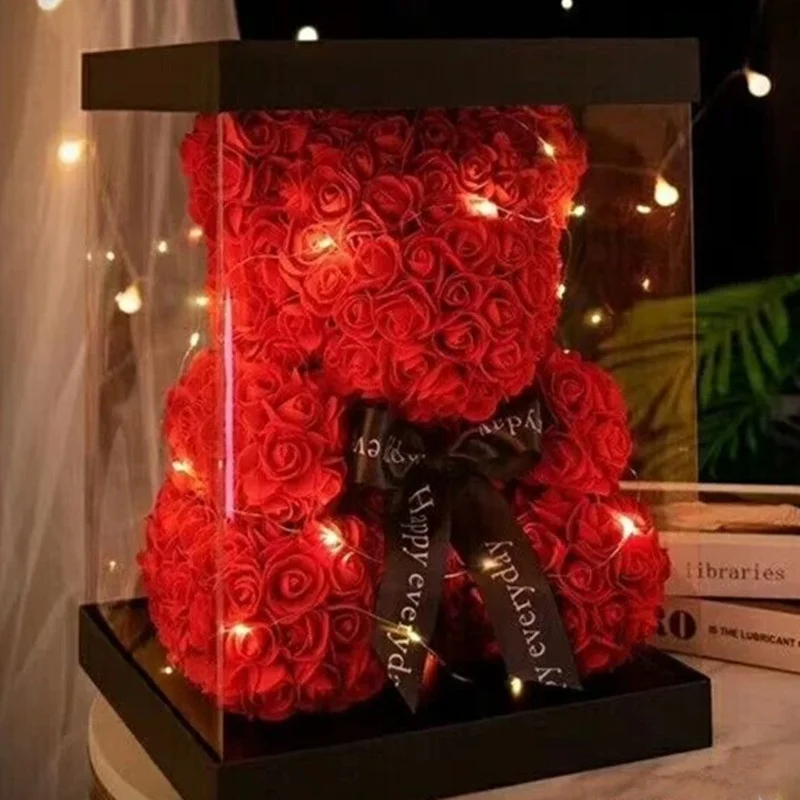 Hot Sale Artificial Flower Rose Bear Gift Packaging Box Valentine Gift Rose Teddy Bear Plastic Transparent Packaging Cake Box