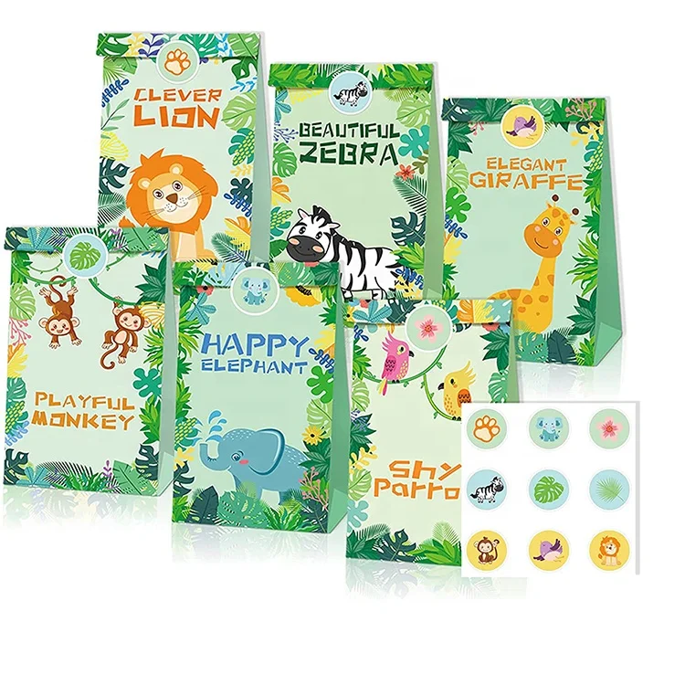 Пользовательские джунгли животные темы вечеринки мультфильм крафт Goodie мешки DIY конфеты леденцы обернутые мешки с запечатывающей наклейкой