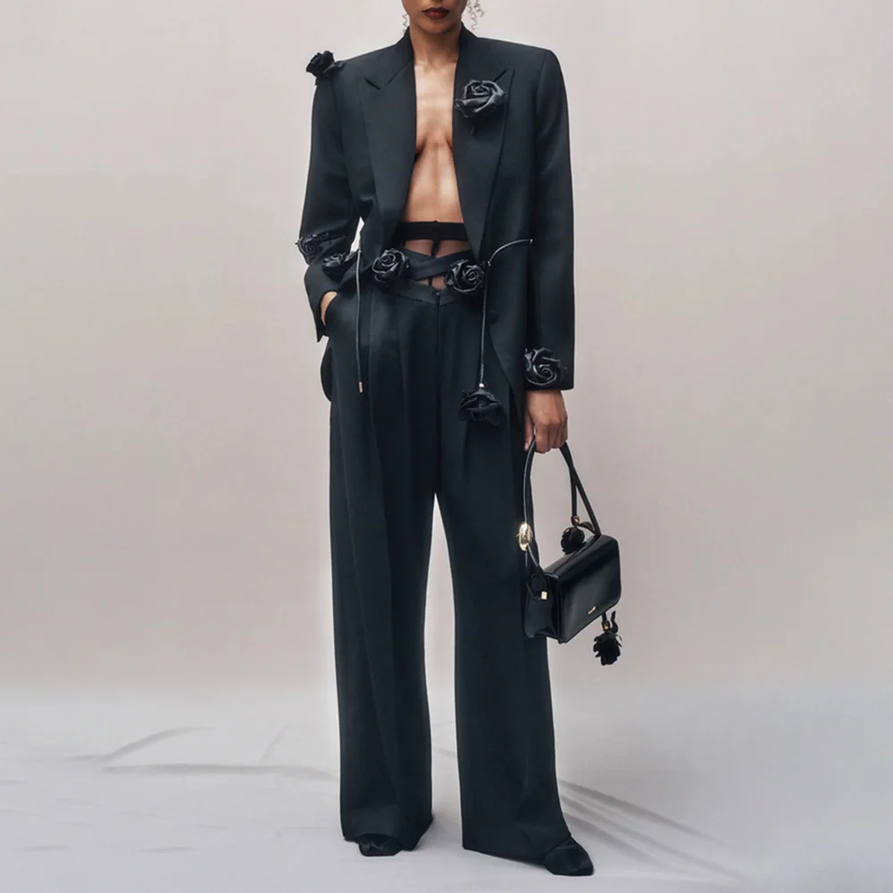 TWOTWINSTYLE Advanced Design Top Quality Elegant Personalized Black 3D Flower Deep V Neck Women Suit Two Piece Sets