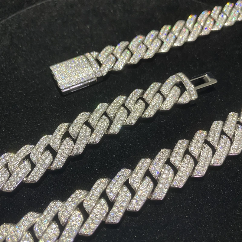 Stock Iced Out VVS Moissanite Cuban Bracelet 925 Silver Bling Moissanite Diamond Cuban Link Chain Hip Hop Men Jewelry Necklace