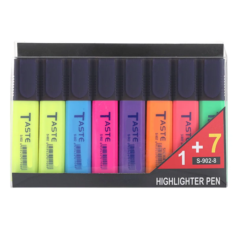 7+1 Pack Highlighter Marker Pens - Bright Neon Colors, Water-Based Non-Bleed Ink, for School and Office