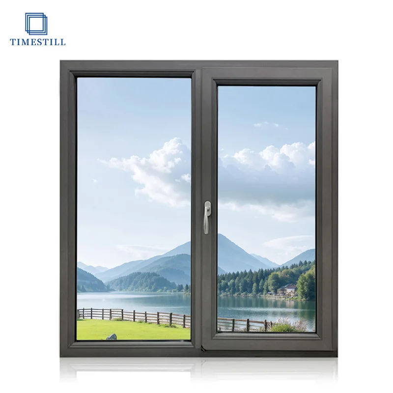 Aluminum casement window with mosquito net in black, insulating tempered glass, high thermal and acoustic insulation performance
