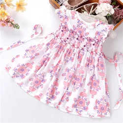 C042168  new arrival handmade floral girls smocked dress clothing  peter pan collar cotton newborn kids clothes  baby