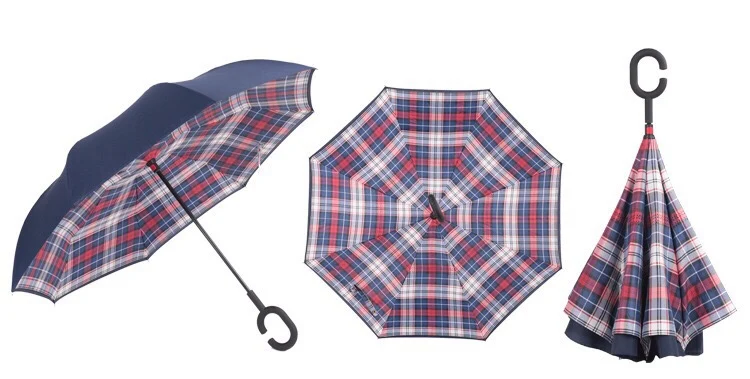 Cheap Checks Double Layer Upside Down Inverted Car Umbrella rainproof windproof C-Handle Reverse umbrella parasol for travel