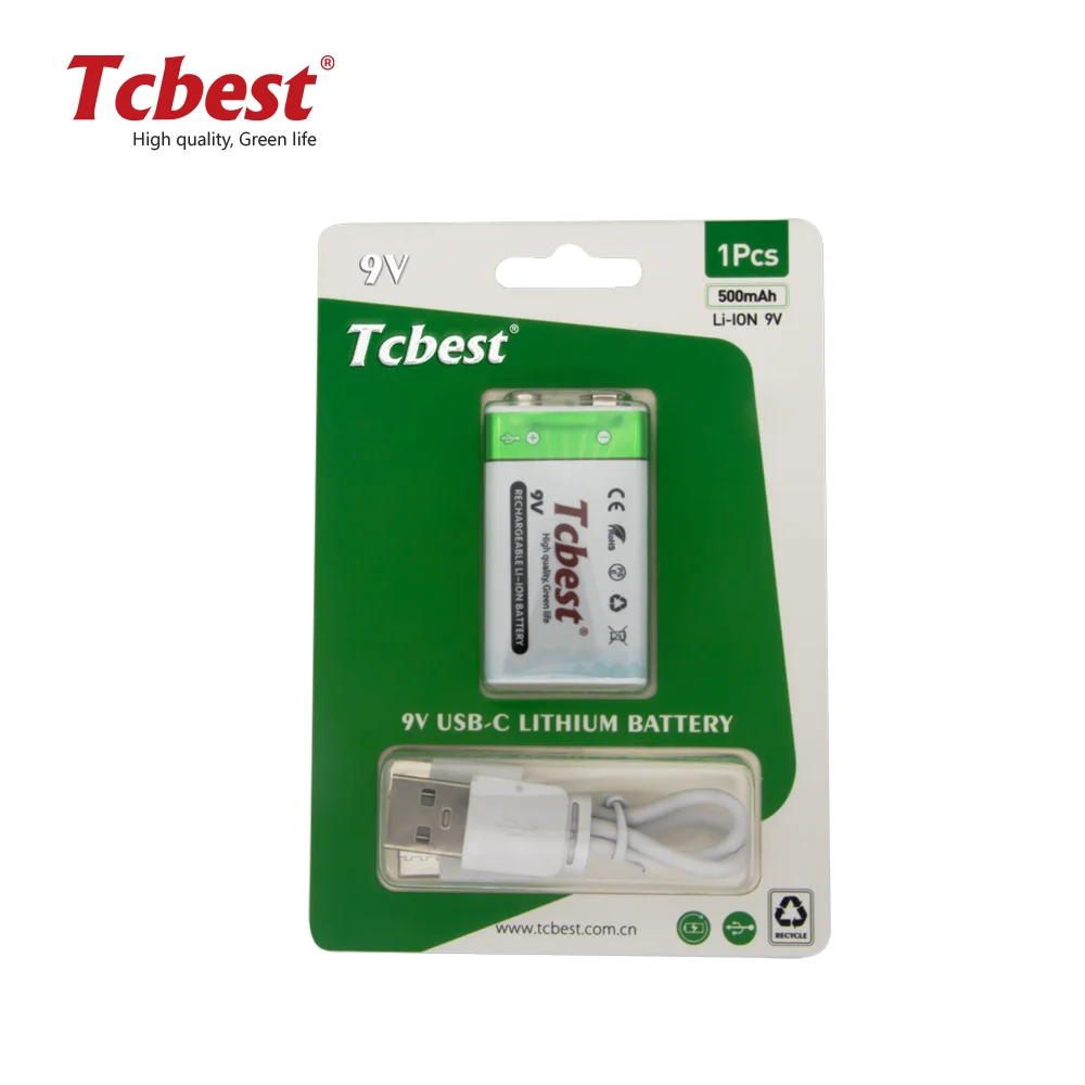 Long Life Lithium Type-C Rechargeable Battery For Home Appliances 9V 500mAh Fast Charging Type c Cable