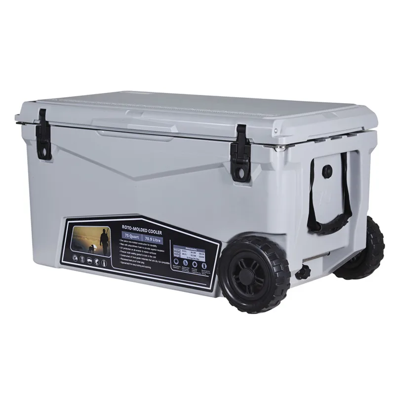 new design 70qt with wheels camping and fishing water rotomolded ice chest cooler box, cool box with bottle opener