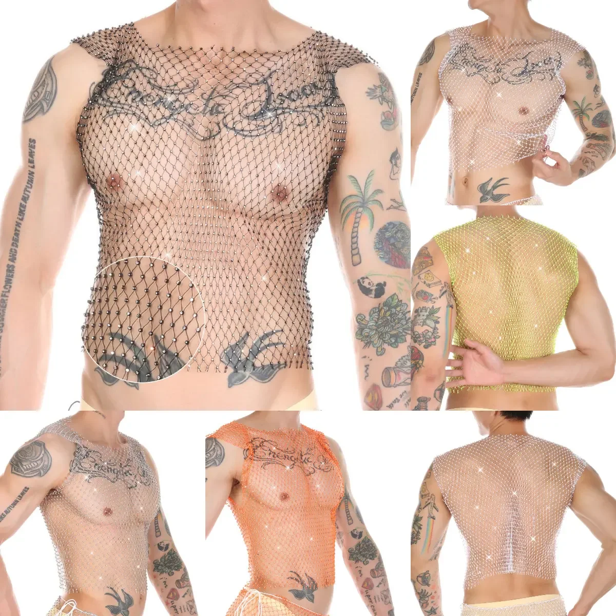 mens sexy fishnet underwear tank tops sheer vest with rhinestone men sexy sheer mesh tank tops boxers set nightclub men t shirts