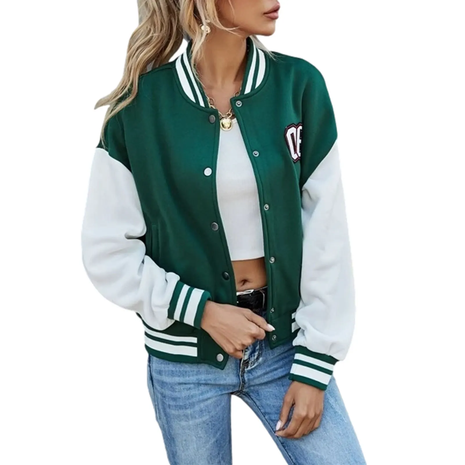 Wholesale Drop Shoulder High School Colorblock Long Sleeve Varsity Jackets Custom For Women