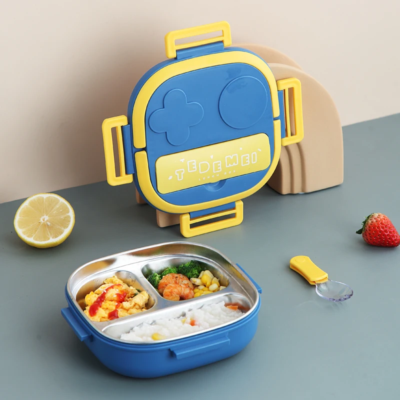 Bento Box 550ml Single Layer 3 Compartments Kids Lunch Box, Stainless Steel Square Plastic Lunch Boxes with Mobile Holder CN;GUA