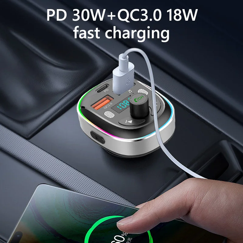 Qc3.0 Pd 30W Fast Charging Usb Car Charger Colorful Light Wireless 5.0 Handsfree Car Kit Fm Transmitter Pd Car Mp3 Player