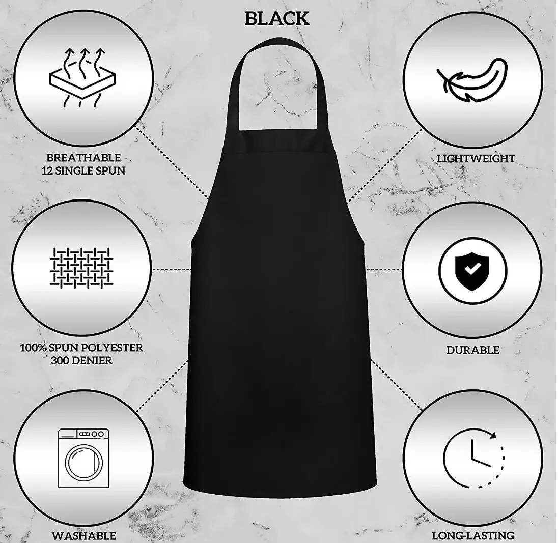 Bulk No pocket Bib Apron - Unisex Black Machine Washable Polyester Aprons for Men and Women, Kitchen Cooking Chef apron