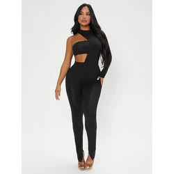 Sexy Hollow Out Mock Neck Bandage Cut Out Crop Red Tube Top Women Split Skinny Bodycon Jumpsuit