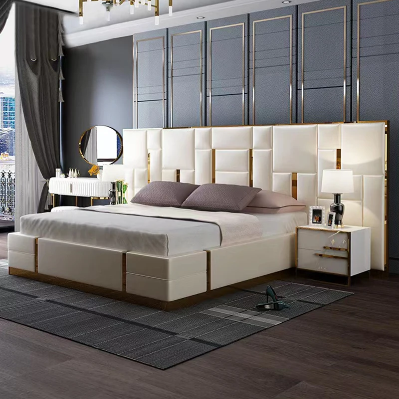 Italian Minimalist Leather Bed Simple Master Bedroom Modern Light Luxury Double Bed High-end Furniture