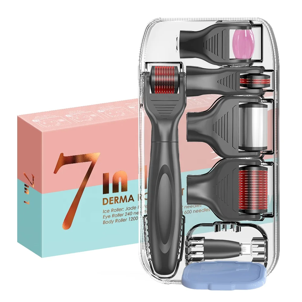 2022 Skin Therapy Home Use 7in1 Derma Roller Set With Replacement Jade Ice Roller Head 1.5MM 2.0MM For Eyes Face Body Treatment