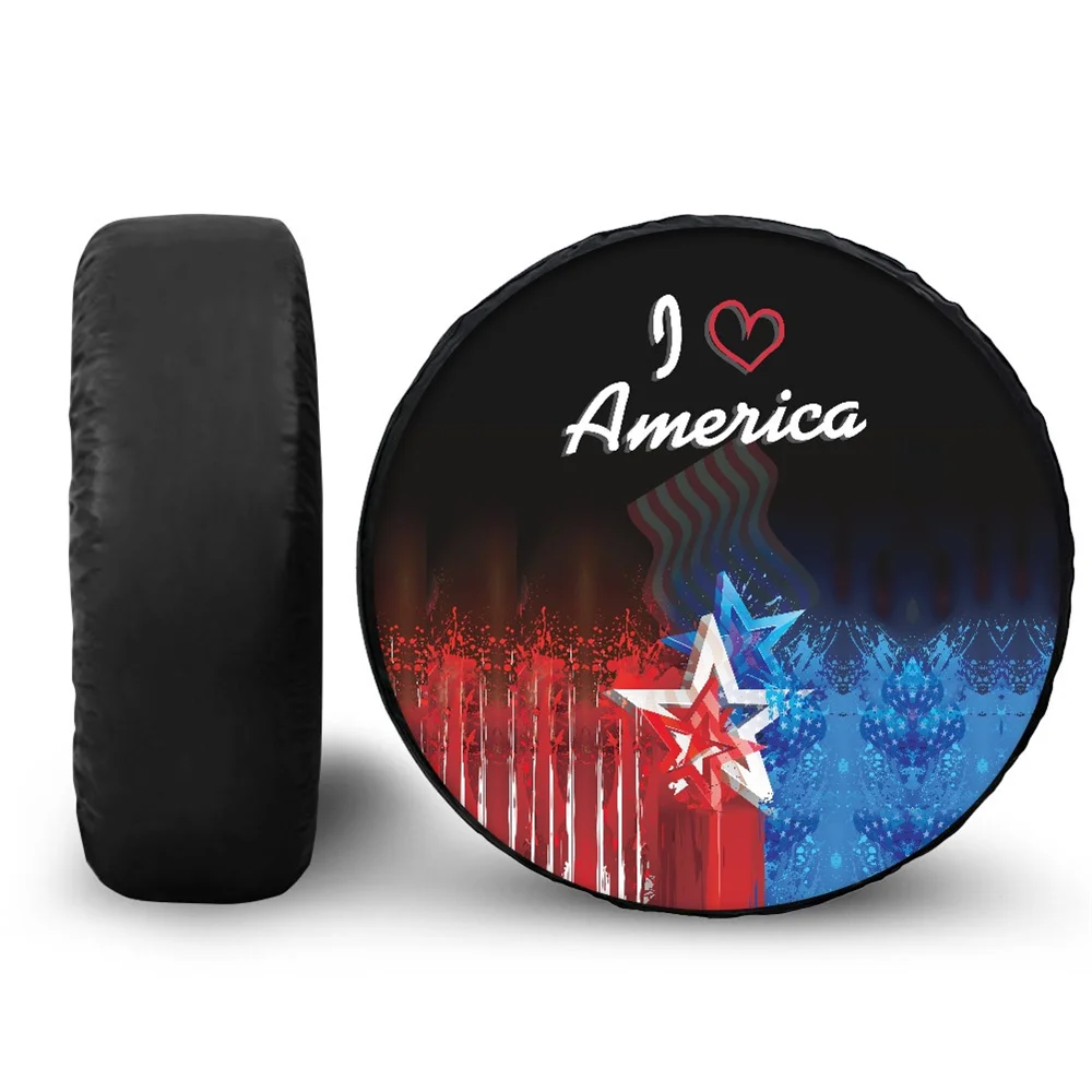 Print On Demand Blue Red Stars Pattern I Love America USA Flag Tire Cover Custom Auto Parts Wheel Cover Tire Center Cover Round