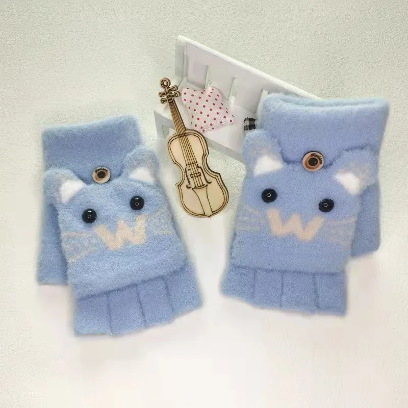 Winter kids Knitted Cute Cartoon gloves  Cat paw Student Warm Half Finger  children Student  Gloves