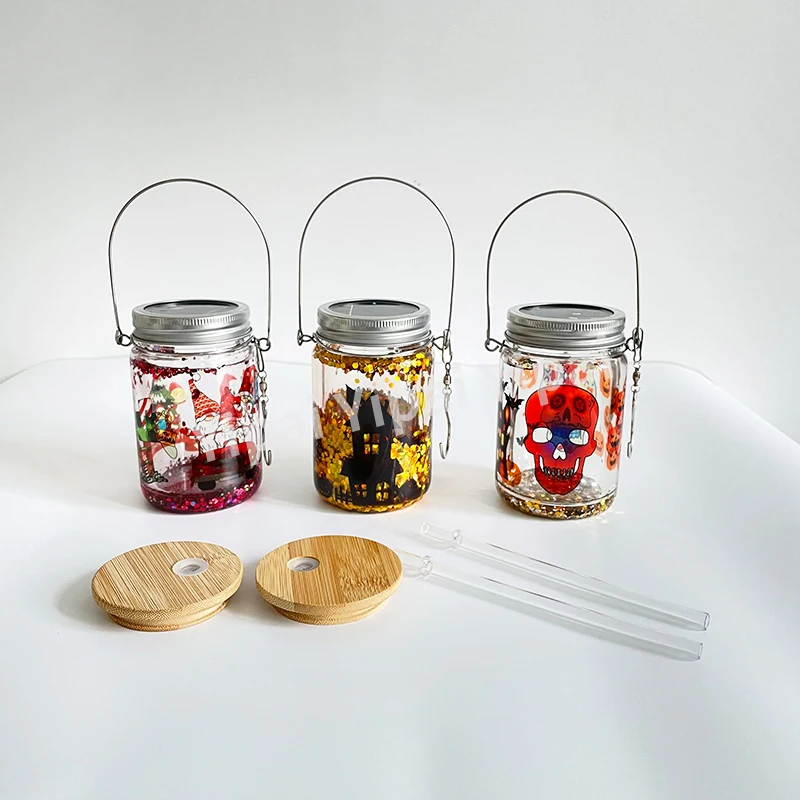 US warehouse Blank sublimation Waterproof 11oz Solar Lights mason jar  snow globe sublimation glowing elf can wind spinner