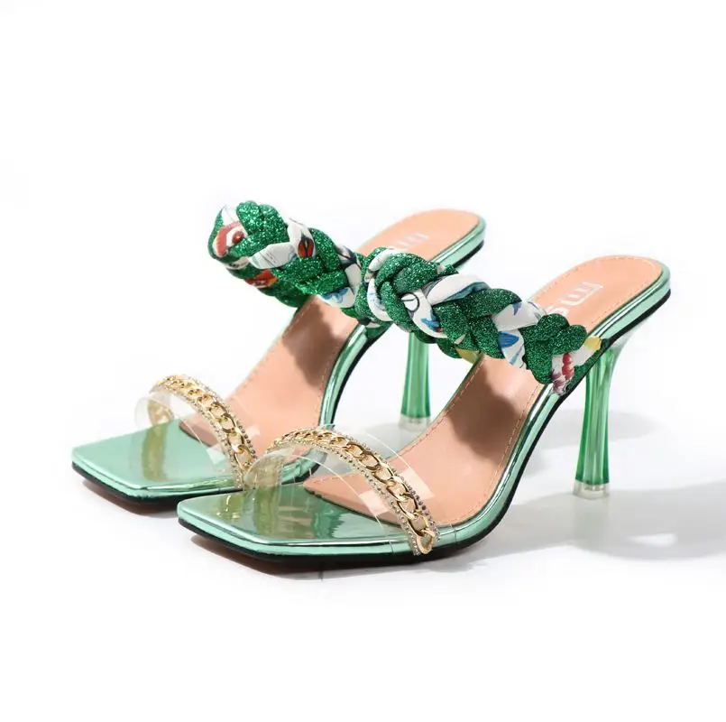 high heel soles 2023 summer new electroplated metal chain square toe stiletto Roman high heeled sandals