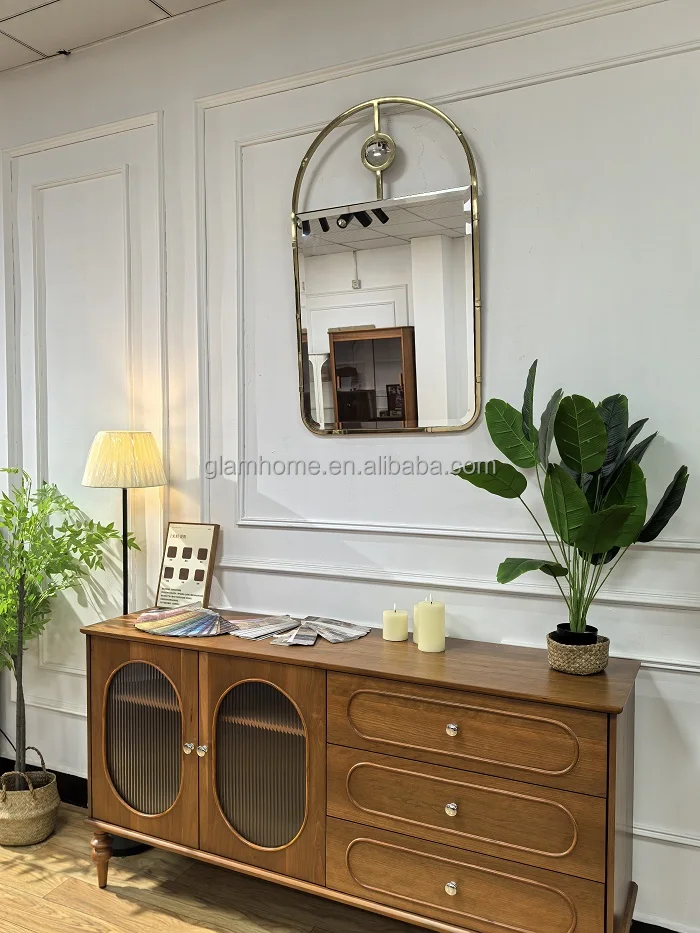 Modern steel metal arched hanging shinny gold frame bedroom stainless steel hemisphere wall mirrors home decor