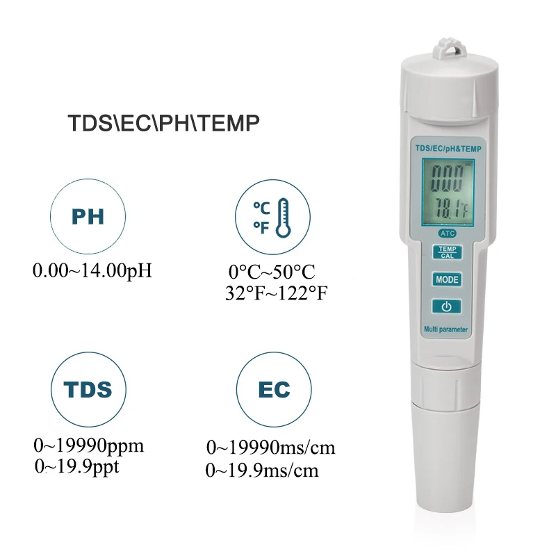 Pen Type 4 in 1 Water Quality Tester Digital PH EC TDS