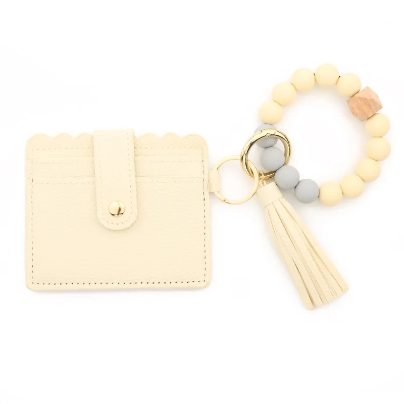 2024 Silicone Beaded Wristlet Keychain Wallet Custom logo Leopard Sunflower Card Holder Wallet Pu Leather Mini Lady Wallet