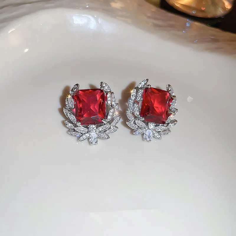 CAOSHI Sparking Cubic Zirconia Red Large Crystal Earrings for Women Silver Plated Fashion Jewelry Wholesale CZ Stud Earrings OEM