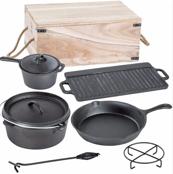 7 Pieces Outdoor Cast Iron Dutch Oven Pot Set Camping Picnic Cooking Pan With Wooden Box