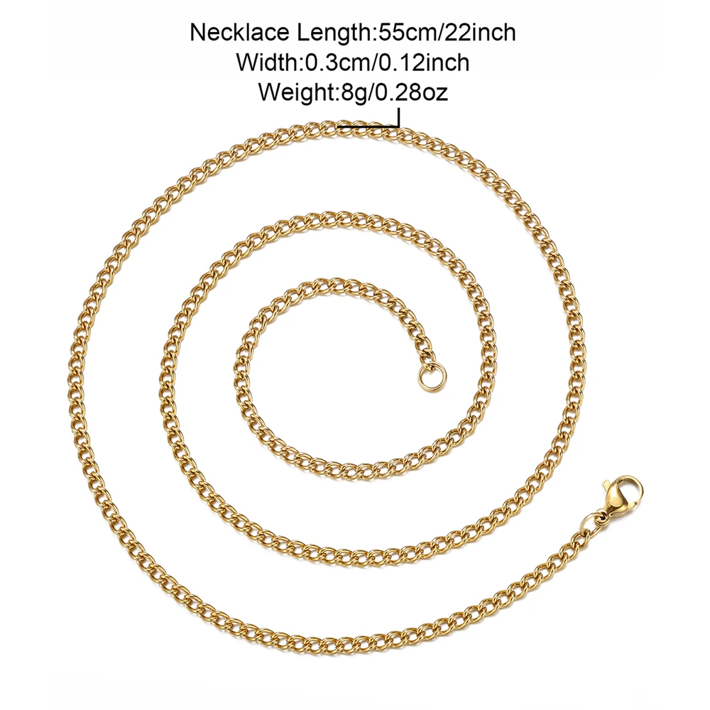 3mm Wide Side Chain Waterproof Wear Resistant 18K Gold PVD Coating Twisted Link 316L Stainless Steel Chain Necklace