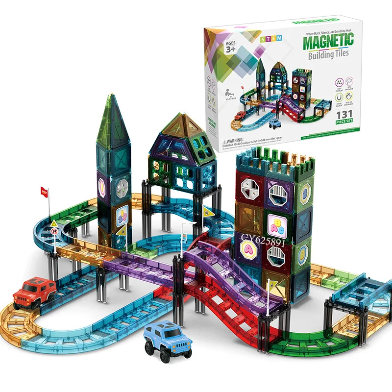Hot Sales 131Pcs Colorful Magnetic Sheet Toys Kids Educational Car track Theme Magnetic Tiles Block For Children