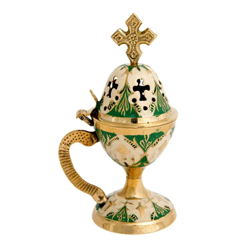Gold White Green Handpaint Incense Burner - Perfume Burner Gold - Burner Censer - Censer Bronze