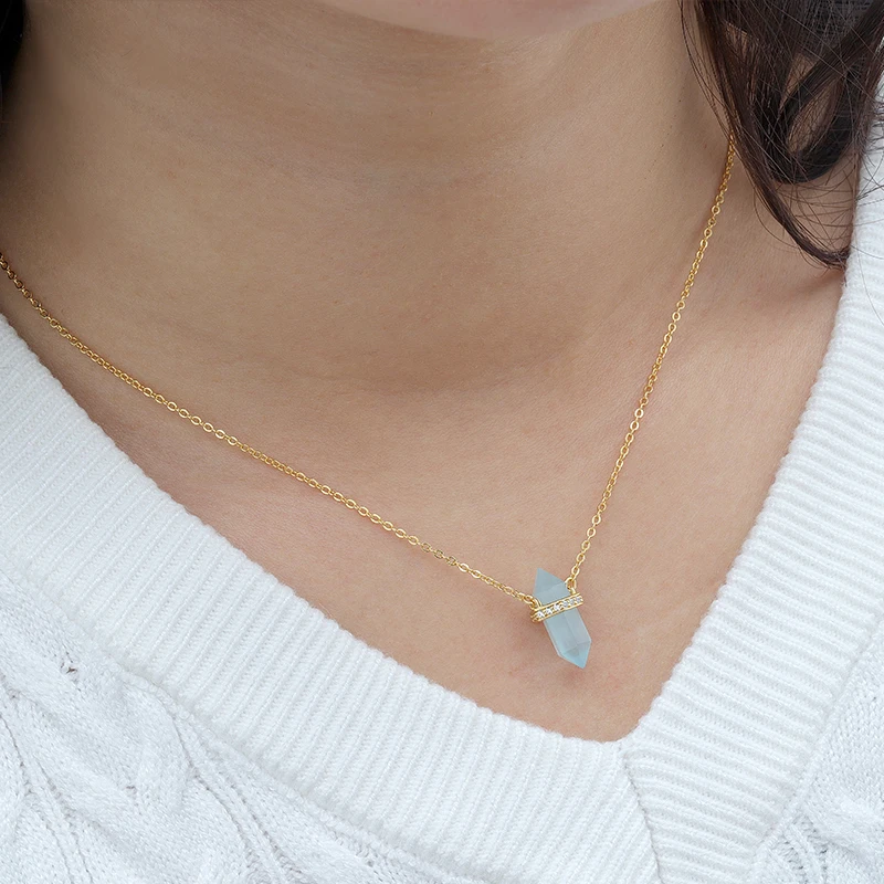 Joacii 925 Sterling Silver 18K Gold Plated Birthstone Original gems Hexagonal Prism Bullet Healing Moonstone Pendant Necklace