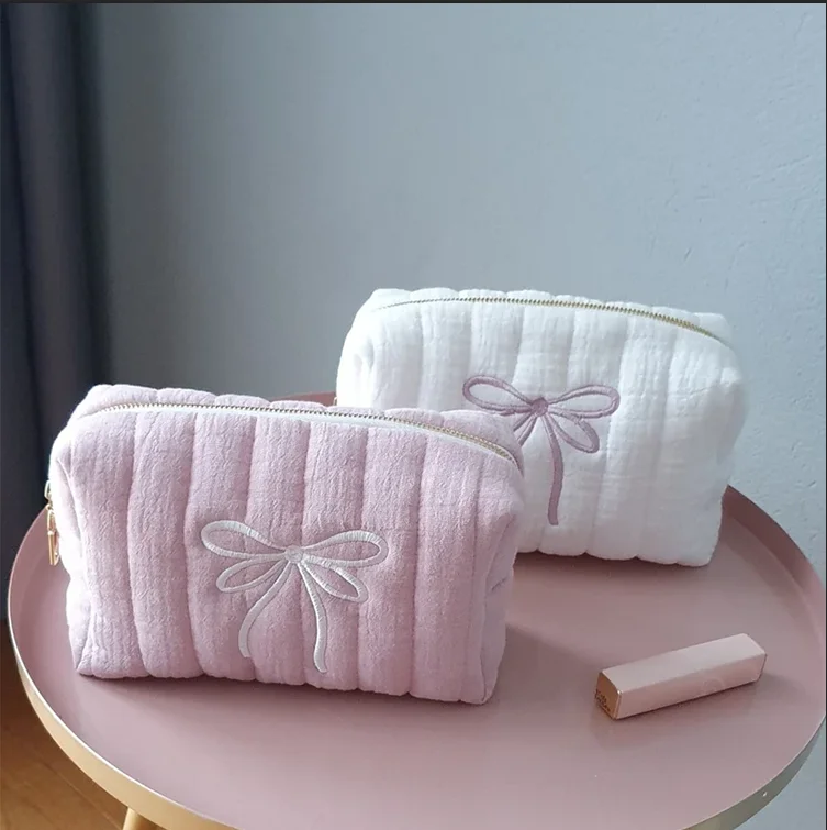 Personalized Cotton Makeup Bag Cute Handmade Toiletry Bag Travel Quilted Small Cosmetic Pouch with Bow