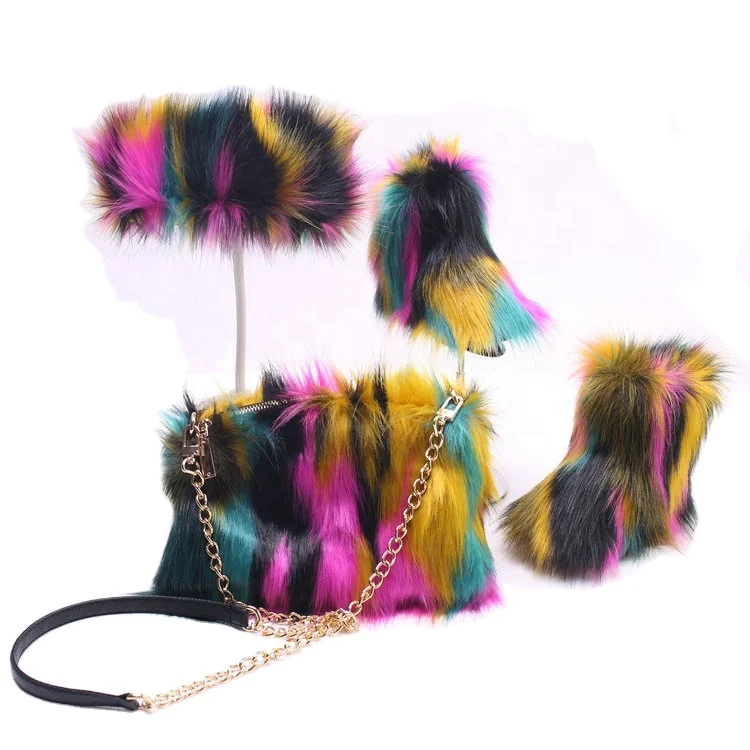 2021 Winter Furry rainbow shoes rainbow warm women set bag fur boots and matching headbands purse purses handbags handbag
